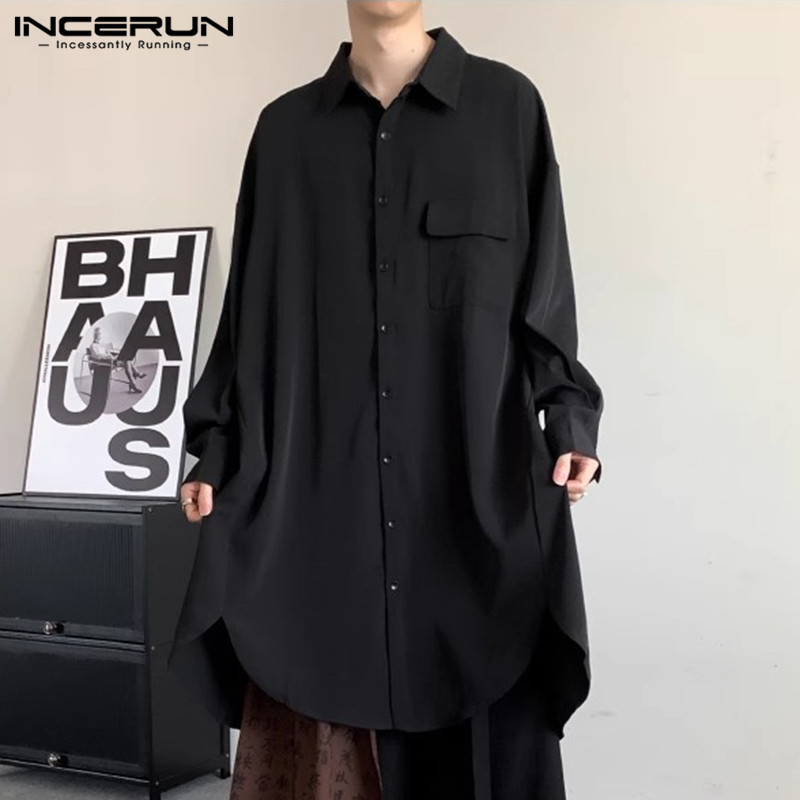 Incerun เสื้อเชิ้ตแขนยาว ชายเสื้อไม่สม่ําเสมอ สีพื้น แฟชั่นเกาหลี สําหรับผู้ชาย