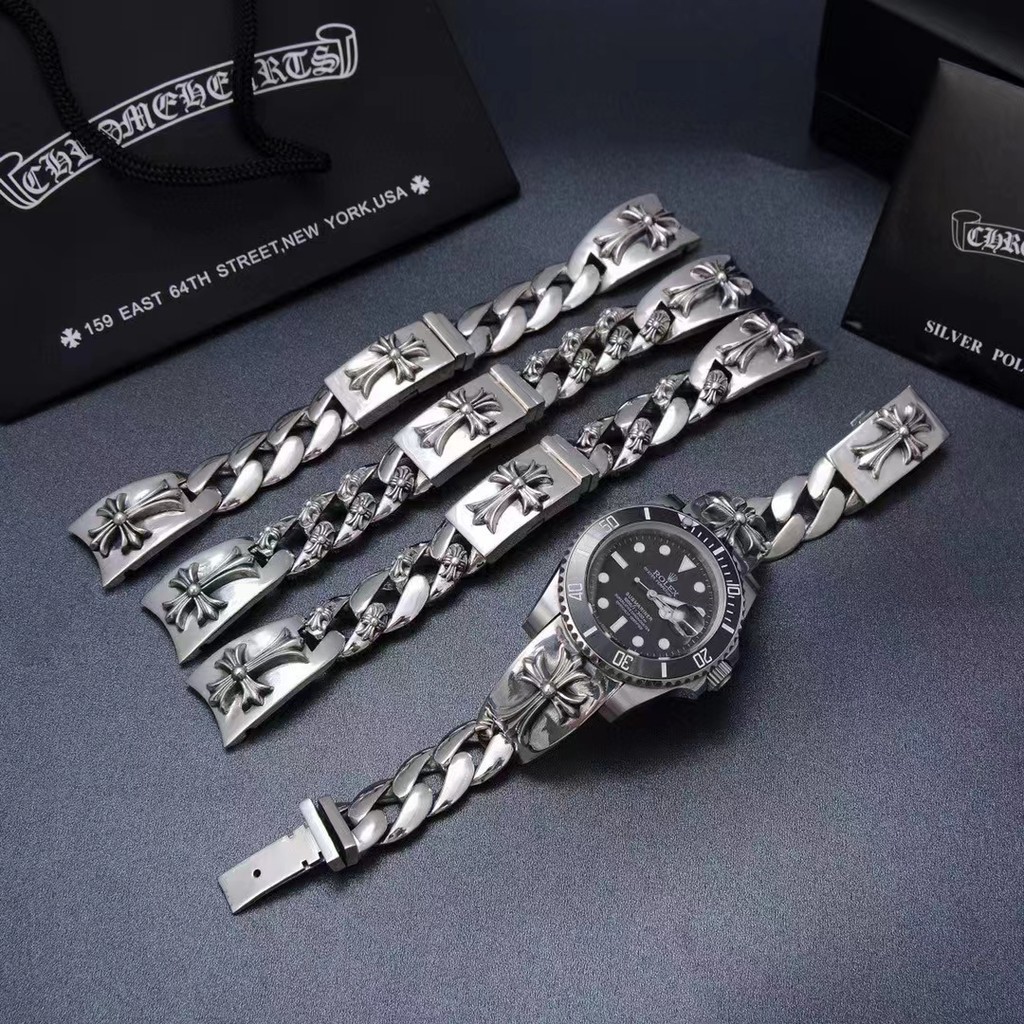 CHROME  HEARTS  สายนาฬิกาข้อมือ สายโซ่โครเมี่ยม รูปหัวใจ แบบกว้าง สไตล์เรโทรคลาสสิก