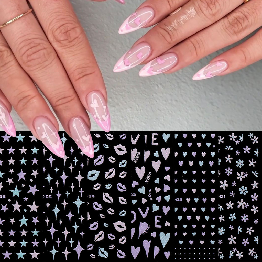 HAMA เล็บเล็บสติกเกอร์ Y2K สไตล์ Four-Pointed Star Five-Pointed Star รูปหัวใจภาษาฝรั่งเศสคําเล็บ Glitter ตกแต่งเล็บสติกเกอร์ Decal