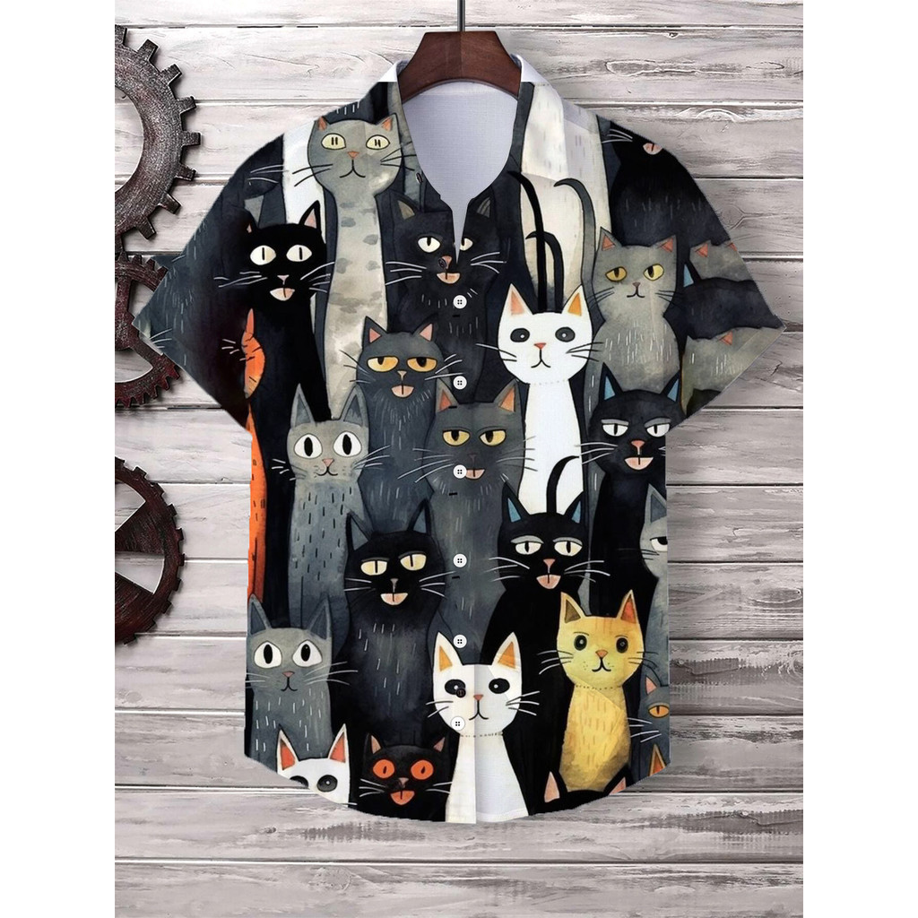 เสื้อเชิ้ตแขนสั้นลําลอง คอปก พิมพ์ลายการ์ตูนแมว 3 มิติ ขนาดใหญ่ สไตล์ฮาวาย สําหรับผู้ชาย และผู้หญิง ราคา ถูกที่สุด ดีลบีเคเค แกลเลอรีภาพที่ 4
