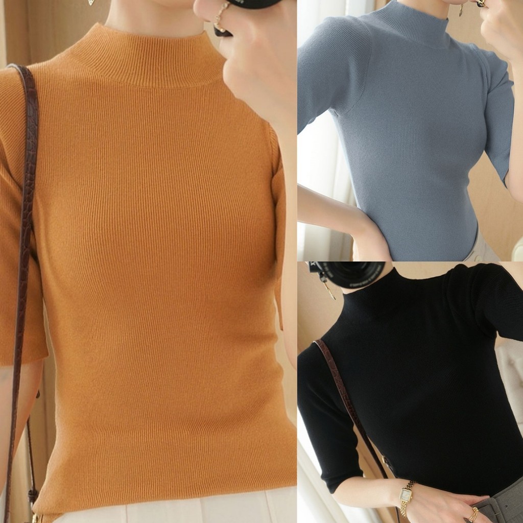 Suysuy พร้อมส่ง เสื้อคอเต่า แขนสั้น ทรงสวยฟรีไซส์ ผ้าไหมพรม สไตล์เกาหลี