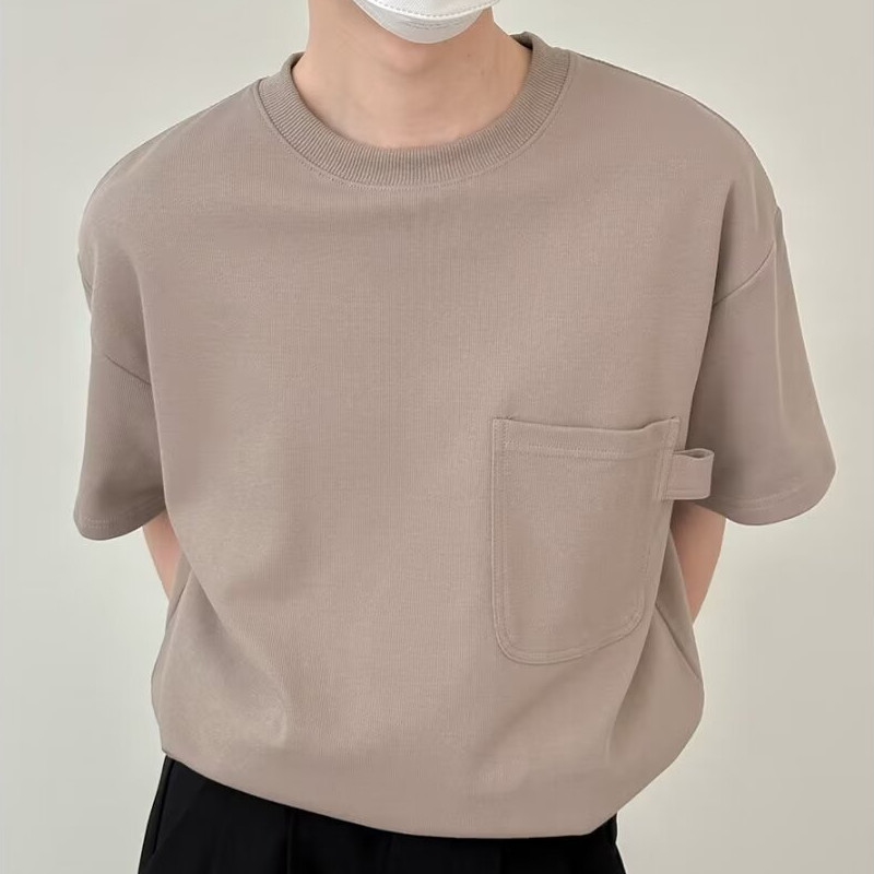 เสื้อยืดแขนสั้น ผ้าฝ้ายแท้ แต่งกระเป๋าคู่ สีพื้น สําหรับผู้ชาย