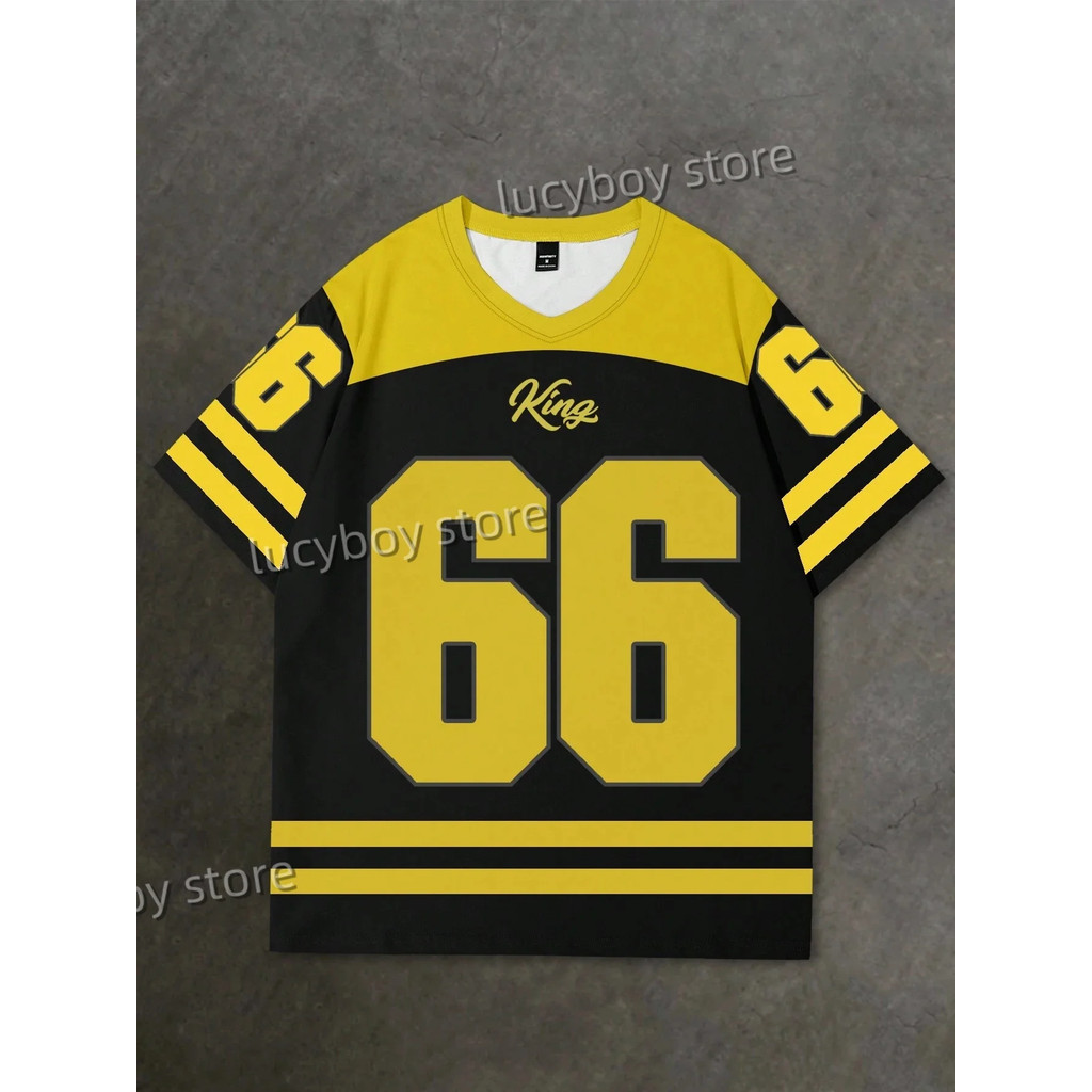 Mens Number 66 Letter KING พิมพ์เสื้อยืด Man แขนสั้น Sportwear ฟุตบอลเสื้อยืด Vintage Oversize ลาย Tees ผู้ชายเสื้อผ้า