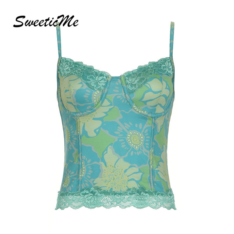 SweeticMe ผู้หญิง 2025 ใหม่แฟชั่นขอบลูกไม้ Slim Fit เซ็กซี่พิมพ์สายคล้องคอเสื้อกล้าม