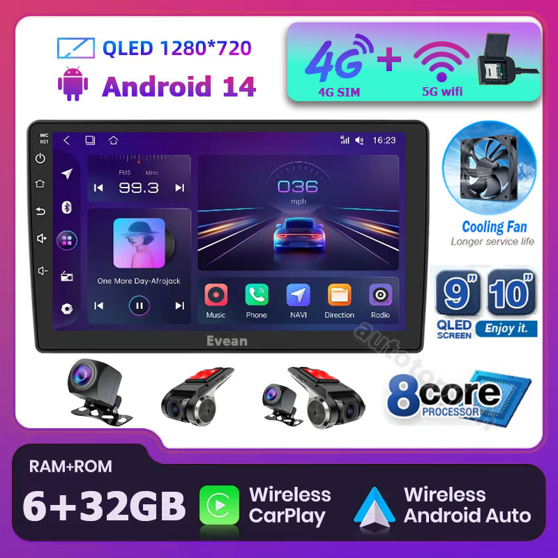 (พร้อมพัดลมระบายความร้อน)จอ android รถยนต์ 4G SIM 8Core 6G+32G พร้อม Wireless CarPlay Android Auto จ
