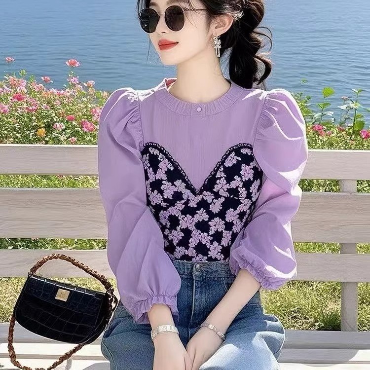 สีม่วงระดับไฮเอนด์ออกแบบที่สวยงามเสื้อแขนยาวผู้หญิงฤดูใบไม้ผลิฤดูใบไม้ร่วงวันหยุดสองชิ้นดอกไม้เสื้อขนาดเล็กแฟชั่นลดอายุด้านบน เผชิญ6ชม.