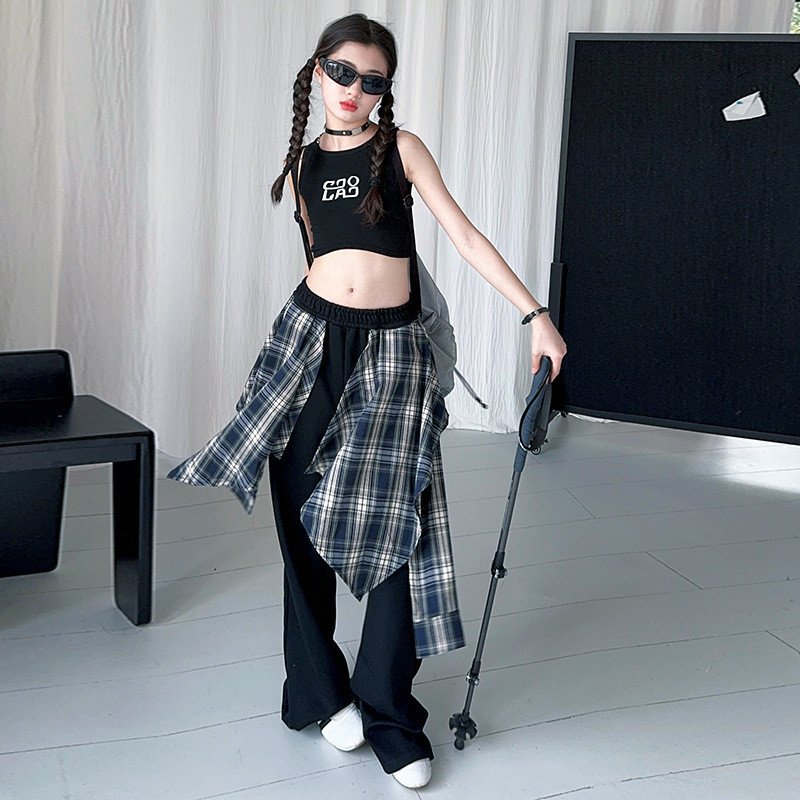 สาวฮิปฮอปประสิทธิภาพเสื้อผ้าฤดูร้อนตัดเสื้อกั๊ก + เย็บกางเกงขากว้างชุดสองชิ้น 5-14 ปี