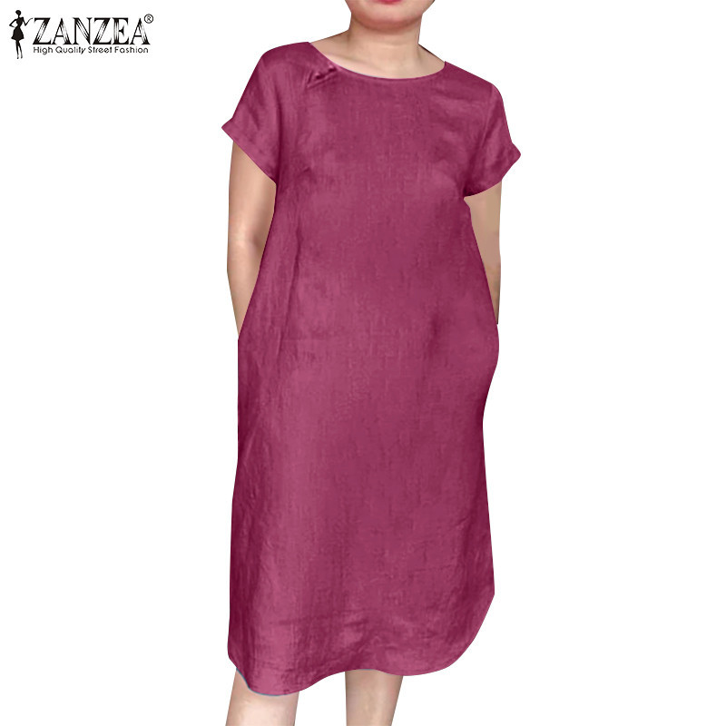Zanzea ชุดเดรส แขนสั้น มีกระเป๋าด้านข้าง สีพื้น สไตล์วินเทจ สําหรับผู้หญิง