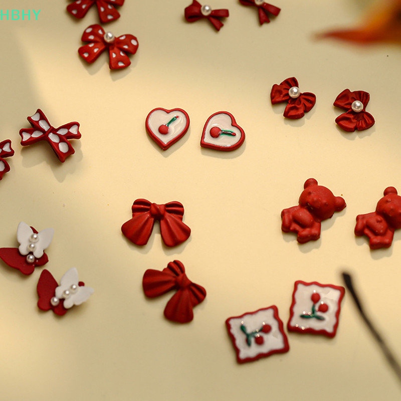 【HB】โบว์ หมีสีแดง ไข่มุก อัลลอย 3D สําหรับตกแต่งเล็บ DIY 5 ชิ้น【HY】