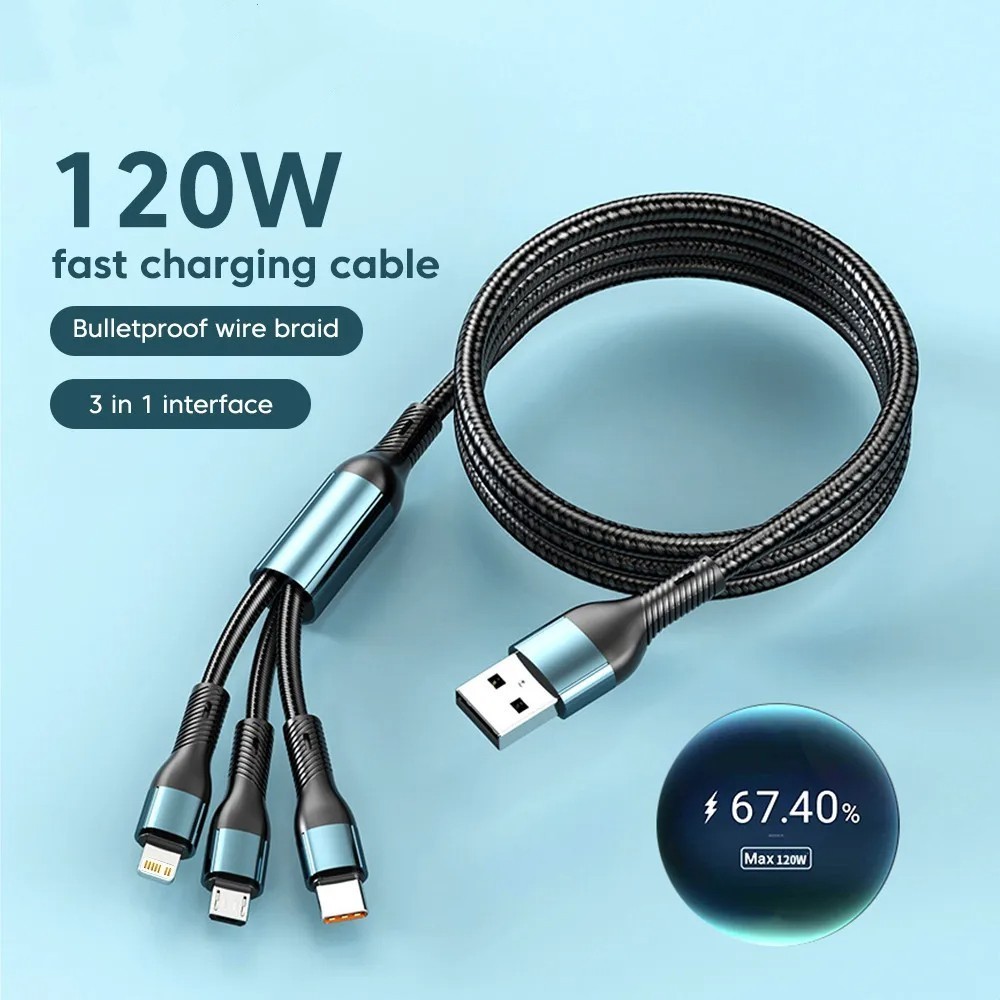 Twitch 3 in 1 สายชาร์จโทรศัพท์มือถือ 120W 6A Type C Micro USB Type-C USB-C 1.2 ม. 2 ม.