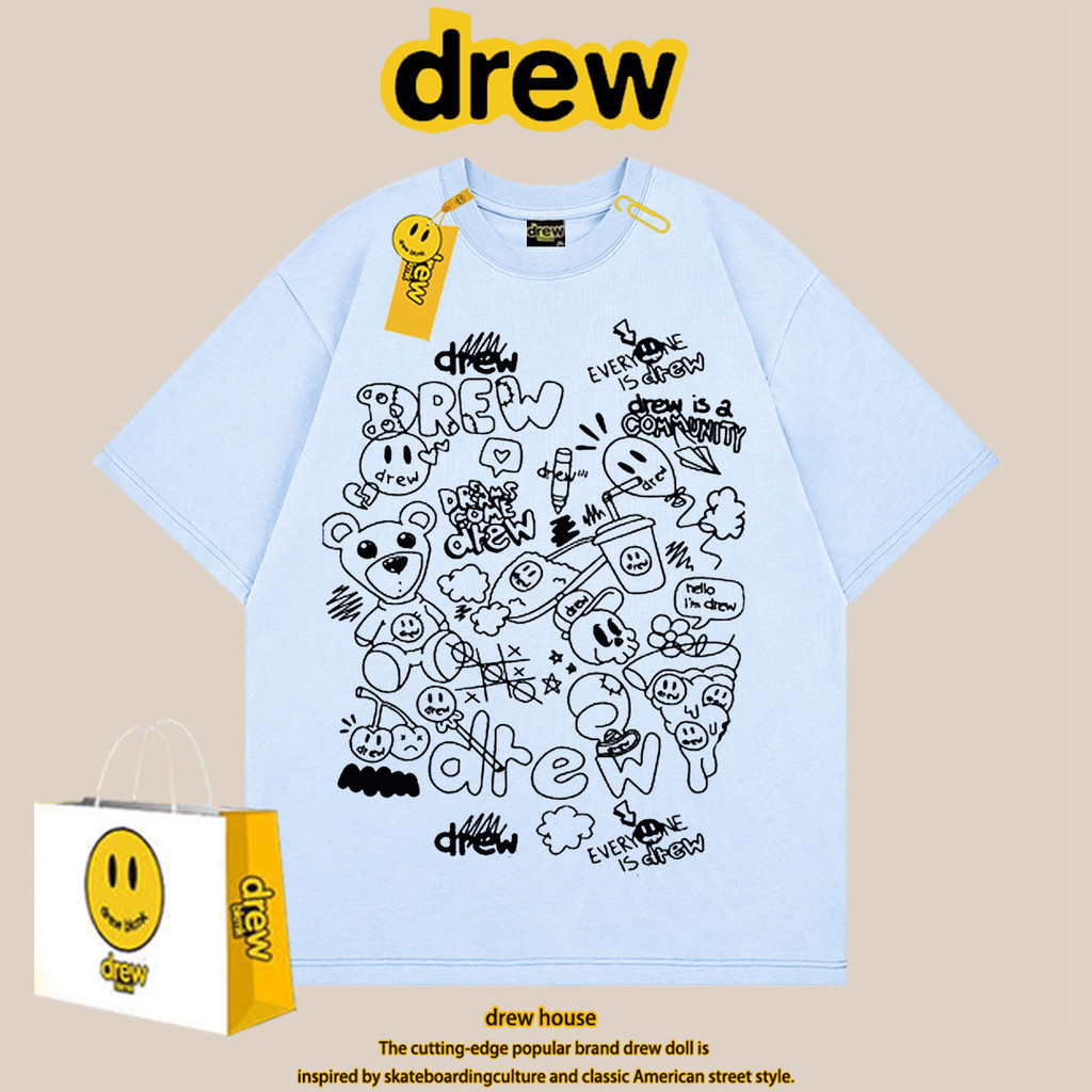 Drev เสื้อยืดแขนสั้นลําลอง พิมพ์ลายหน้ายิ้ม ทรงหลวม แฟชั่นคู่รัก สําหรับผู้ชาย และผู้หญิง
