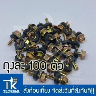 สกรู ปลายสว่านหัวเหลี่ยมชุบรุ้ง แหวนยางรอง ยึดยกระเบื้อง หล็ก หลังคา (100ตัว)