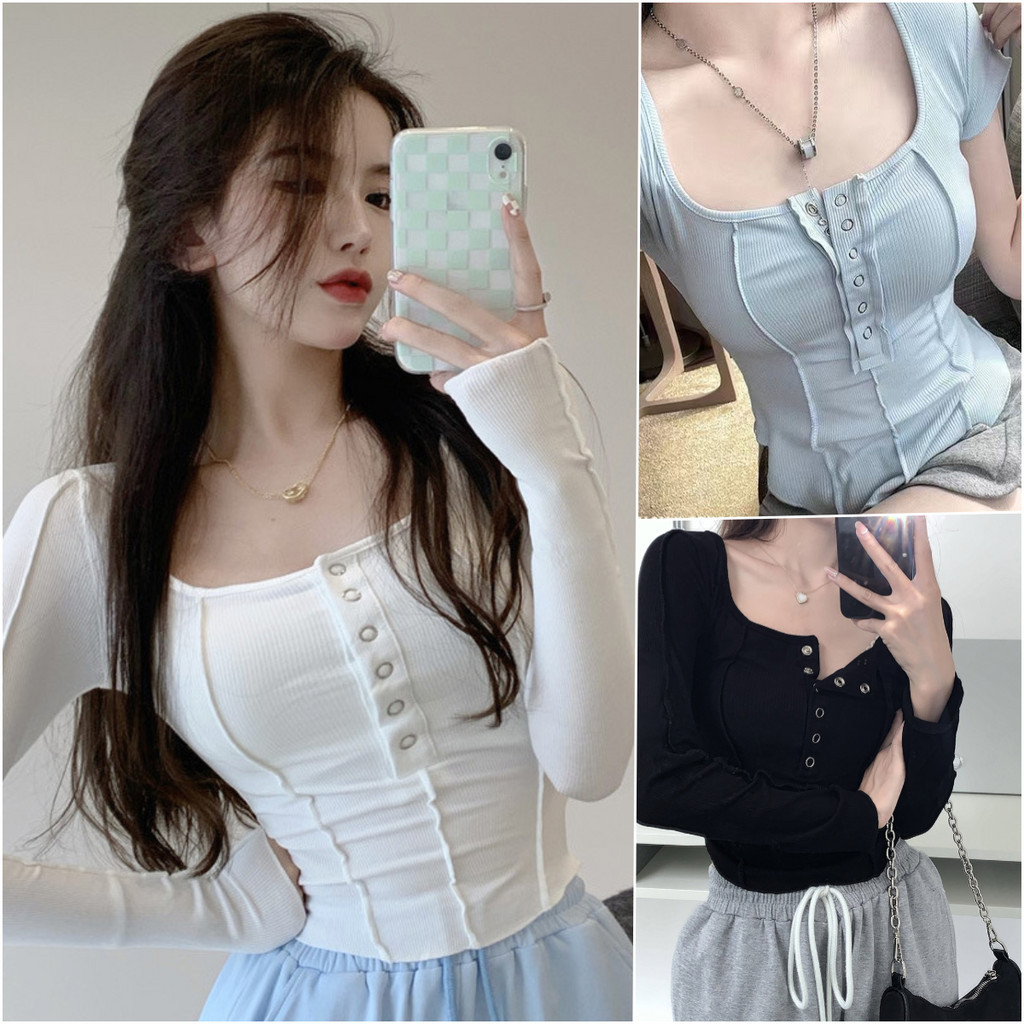 ccute  พร้อมส่ง  เสื้อยืดแขนยาว งานแขนสั้น แฟชั่นไม่ตกเทรน ตะเข็บสุดแซ่บ กระดุมใช้งานได้