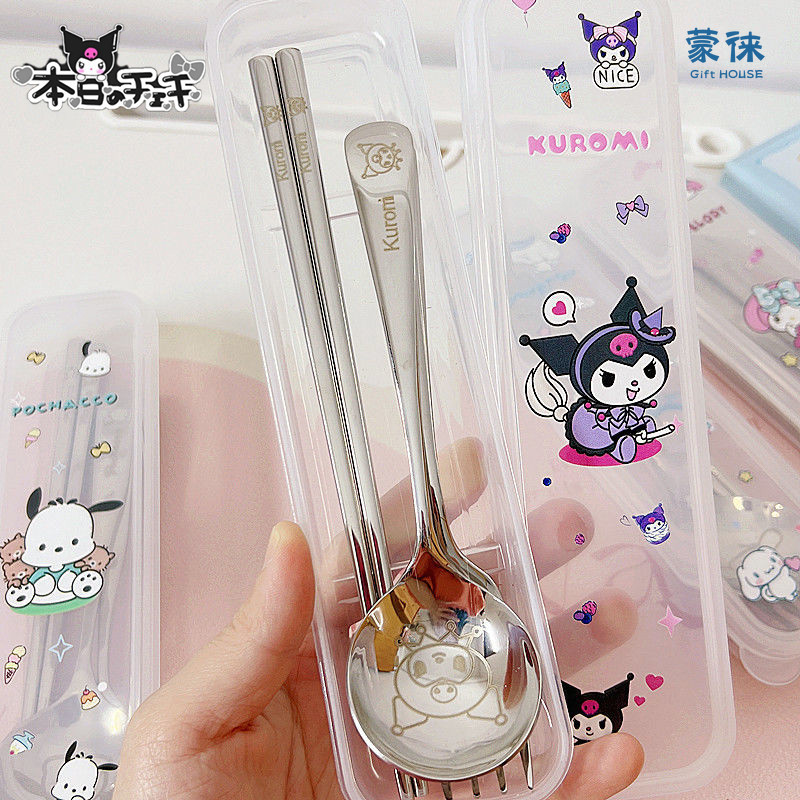 ช้อนส้อม ตะเกียบ สเตนเลส ลายการ์ตูน Sanrio Hello Kitty Cinnamoroll Kuromi น่ารัก 3 ชิ้น