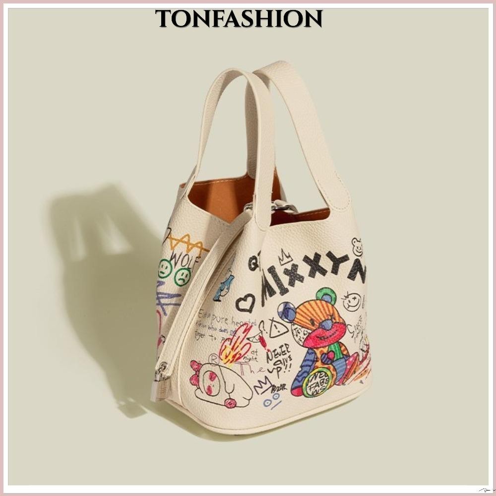 Tonfashion กระเป๋าถือ กระเป๋าสะพายไหล่ สะพายข้าง หนัง PU ความจุขนาดใหญ่ ลายน่ารัก สีพื้น แบบพกพา