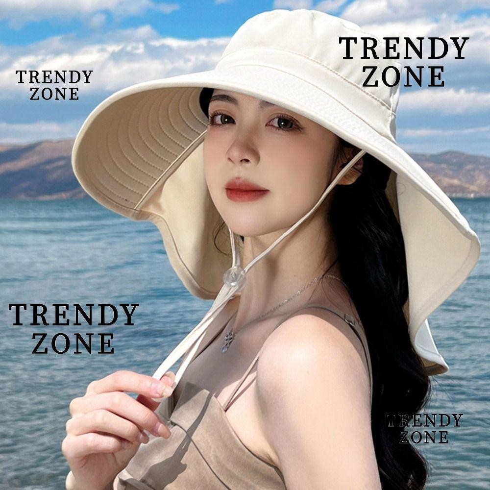 Trendyzone หมวกบักเก็ต หมวกชาวประมง ป้องกันคอ พับได้ สีพื้น พร้อมผ้าคลุมไหล่ ปีกกว้าง หมวกกันแดด สําหรับผู้หญิง