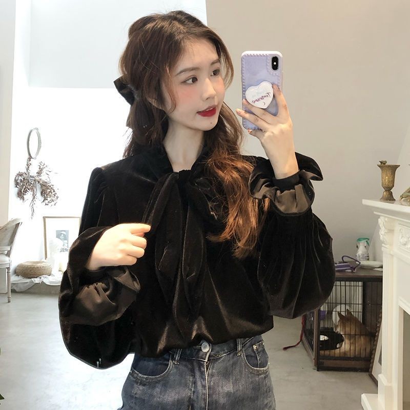 เสื้อเชิ้ตแขนยาว ผ้ากํามะหยี่ ประดับโบว์ แฟชั่นฤดูใบไม้ผลิ สไตล์ฝรั่งเศส สําหรับผู้หญิง 2022