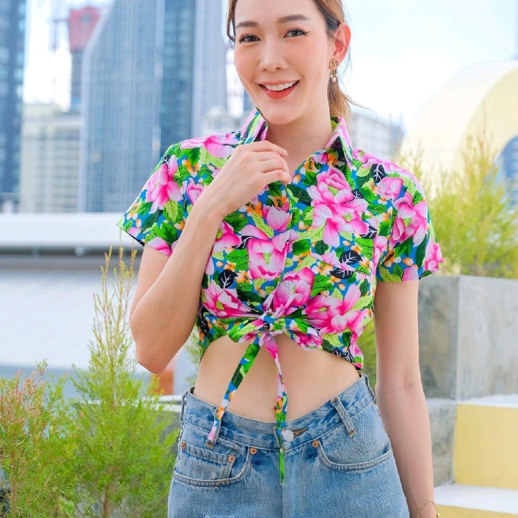 เสื้อผูกเอวลายดอก ผ้าคอตตอน100% เสื้อสงกรานต์น่ารัก 304