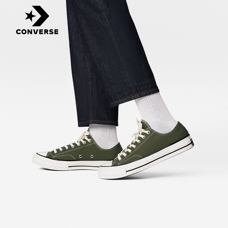Converse 1970s รองเท้าผ้าใบสีเขียวทหารต่ำเชือกผูกรองเท้าคู่รองเท้าผ้าใบนักเรียนยาง Soled Unisex (ซื