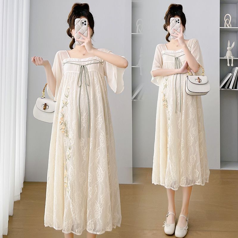 【Crush Molly】 Pregnant Women's Dress Suit Summer New Chinese Style Improved Hanfu Heavy Industry Embroidered Large Size Dress Mid-length Skirt
