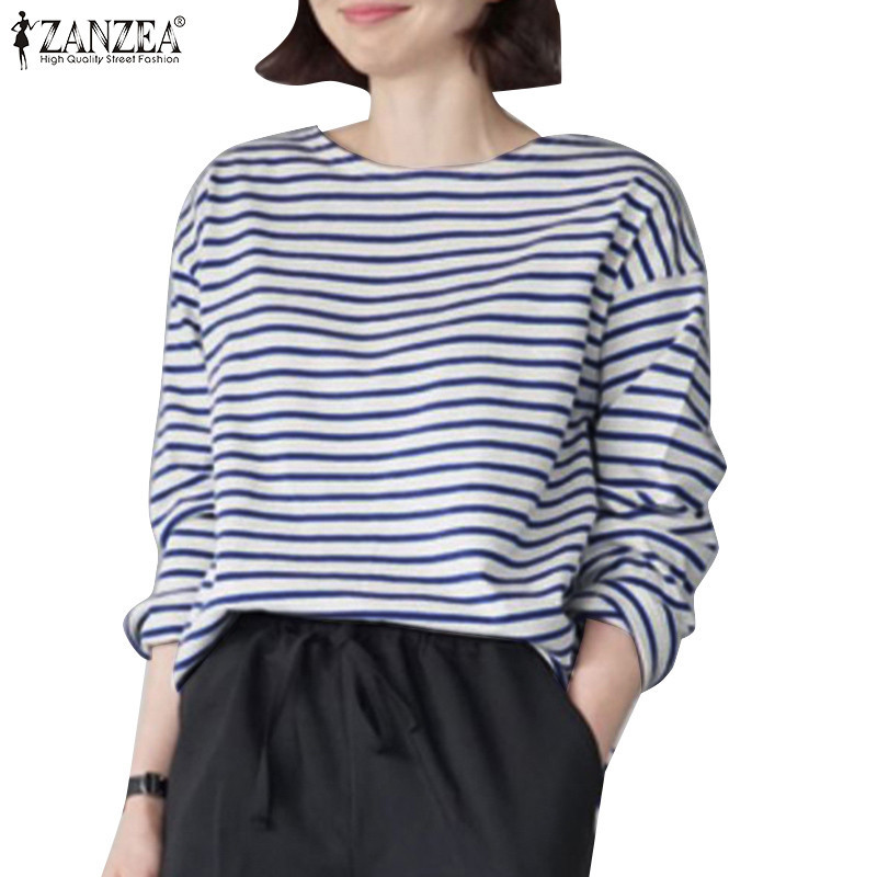 Zanzea เสื้อยืด คอกลม ลําลอง ลายทาง ไหล่ตก สไตล์เกาหลี สําหรับผู้หญิง