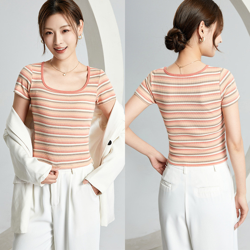 2 in 1 เสื้อยืดลําลอง คอกลม แขนสั้น ลายทาง แฟชั่นสําหรับสตรี