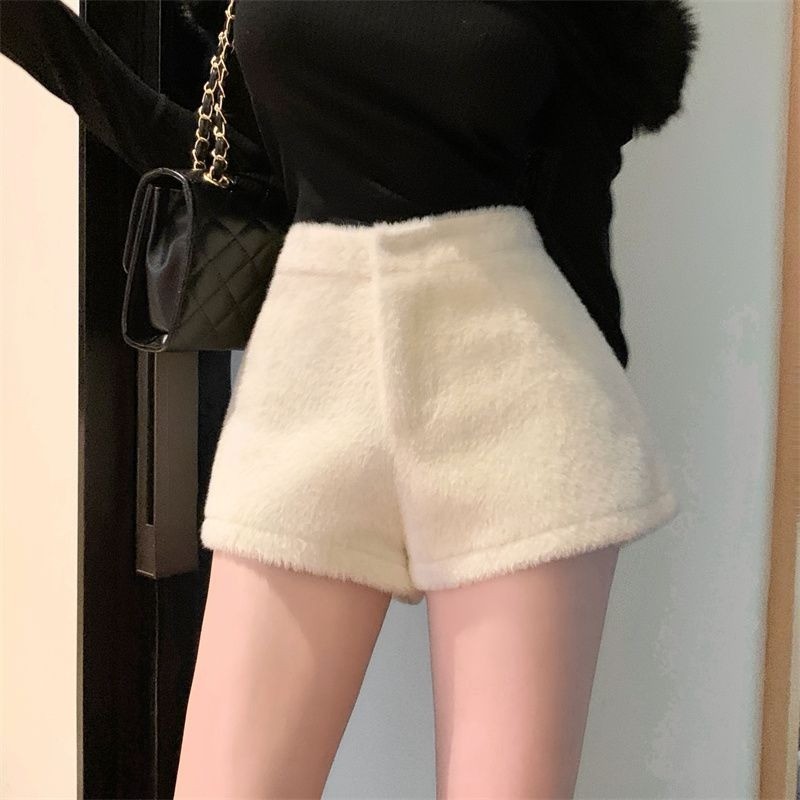 [เห็ด] กางเกงเลกกิ้งขาสั้น เอวสูง ทรงเอ ผ้ากํามะหยี่ขนนิ่ม ลําลอง สีขาว แฟชั่นฤดูหนาว สําหรับผู้หญิง 2024