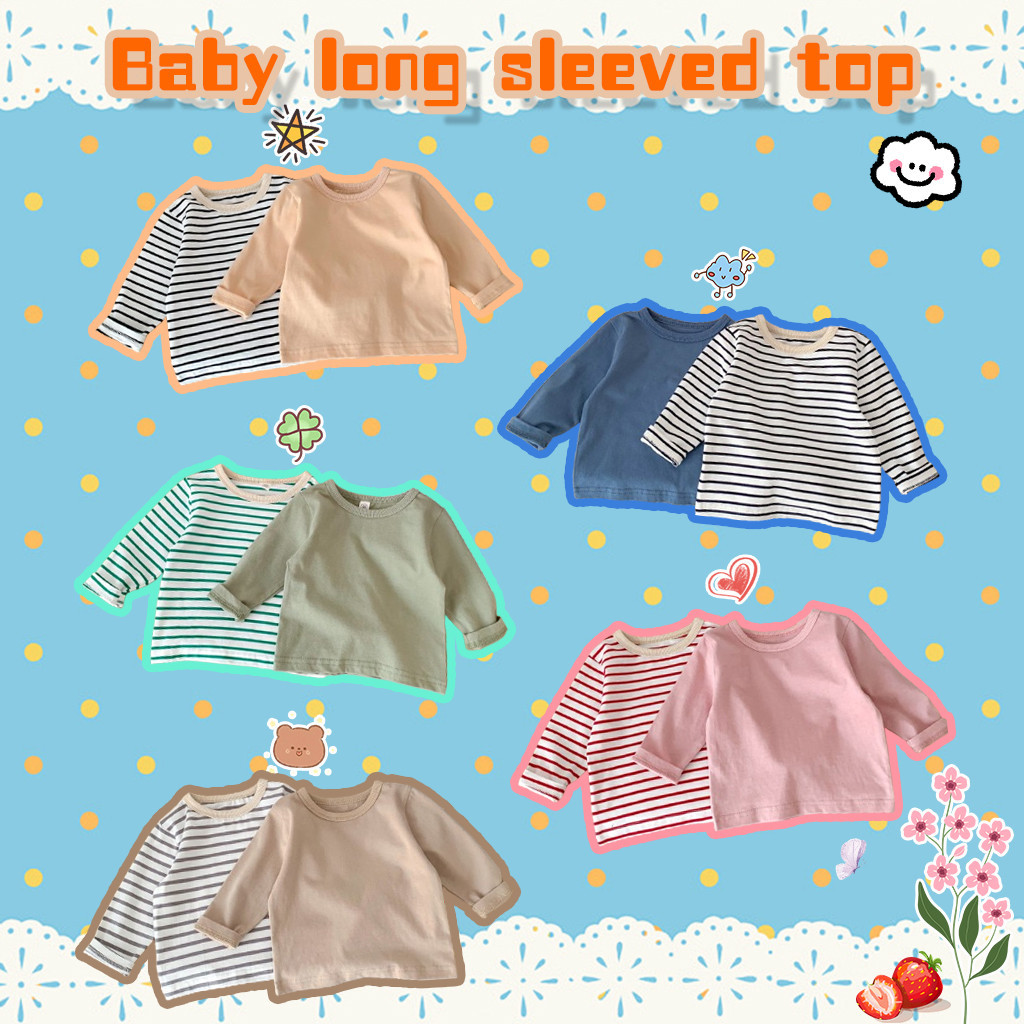 เสื้อยืดแขนยาว คอกลม ผ้าฝ้าย ลายทาง สีพื้น เข้าได้กับทุกชุด แฟชั่นฤดูใบไม้ผลิ และฤดูใบไม้ร่วง สําหรับเด็กผู้ชาย และเด็กผู้หญิง