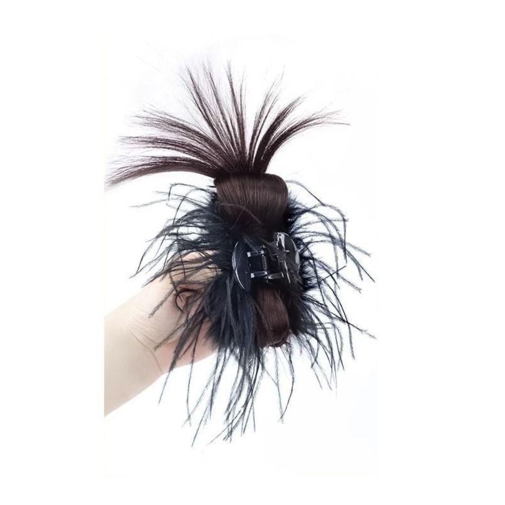 Oceanmapdz Messy Chignon, กิ๊บติดผมขนนก, กิ๊บติดผมเด็กผู้หญิง, ปลอม พร้อมคลิปก้ามปู ธรรมชาติ สไตล์เกาหลี สังเคราะห์ ผมซาลาเปา ผู้หญิง
