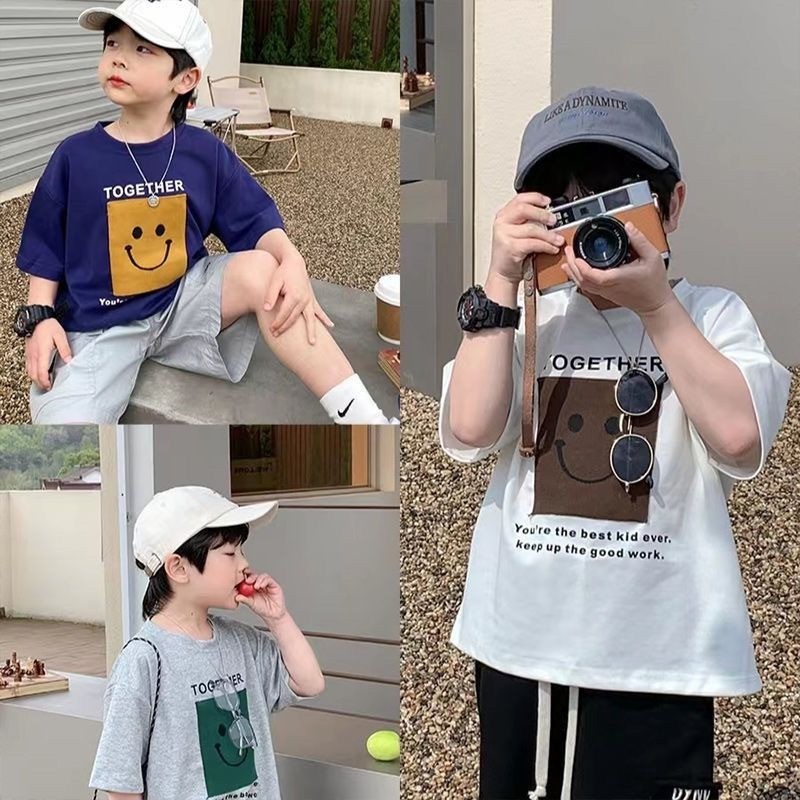 [Kid Tops] (15-50kg) เสื้อยืดแขนสั้นผ้าฝ้ายเด็กชายสไตล์เกาหลีพิมพ์ลายหลวมเด็ก Tshirt วัยรุ่นสวมใส่