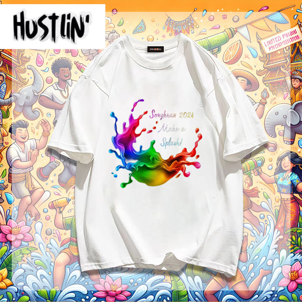 Hustlin'มาแล้วจ้าเสื้อยืดเกาหลี เสื้อโอเวอร์ไซส์ Songkranงานประเพณีสงกรานต์100% cottonS-3XL