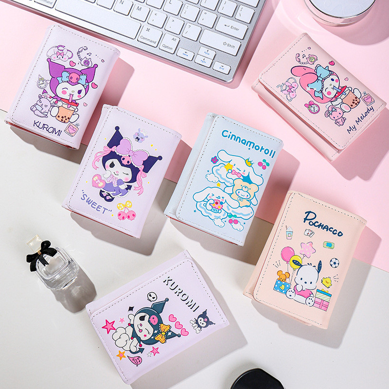กระเป๋าสตางค์ Sanrio Kuromi My Melody Cinnamoroll หนัง PU สามพับ ใส่เหรียญ ใส่บัตร ขนาดเล็ก