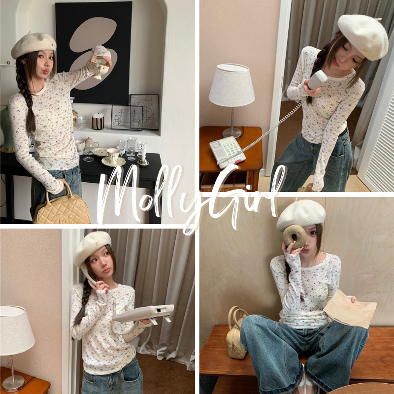 Mollygirl เสื้อครอปแขนยาวลายดอกไม้ น่ารักมาก ปลายริ้ว