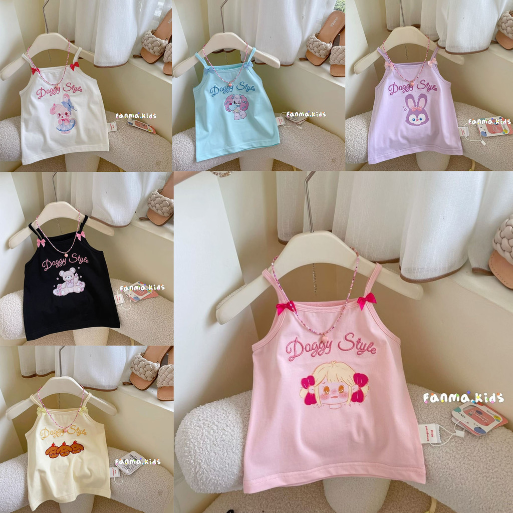 90-140【พร้อมส่ง】เสื้อสายเดี่ยวเด็กผู้หญิงสีพาสเทลลายการ์ตูนน่ารัก สำหรับเด็กเล็กในหน้าร้อน