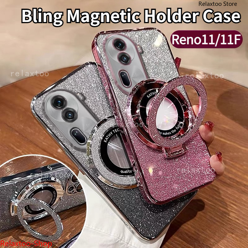 Reno11 5G Gradient Bling Magnetic Holder Case For OPPO Reno 11 10 Pro Pro+ F 11Pro 11F 10Pro+ Reno11Pro Reno11F Reno10Pro+ 5G Transparent Stand Phone Case Shockproof Lens Protect Back Casing Cover