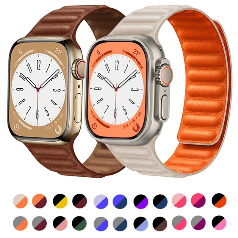 สายนาฬิกาข้อมือหนัง แบบแม่เหล็ก สําหรับ Apple watch Ultra 2 49 มม. 44 มม. 40 มม. 41 มม. 45 มม. iWatch Series 9 8 7 6 5 4 3 SE