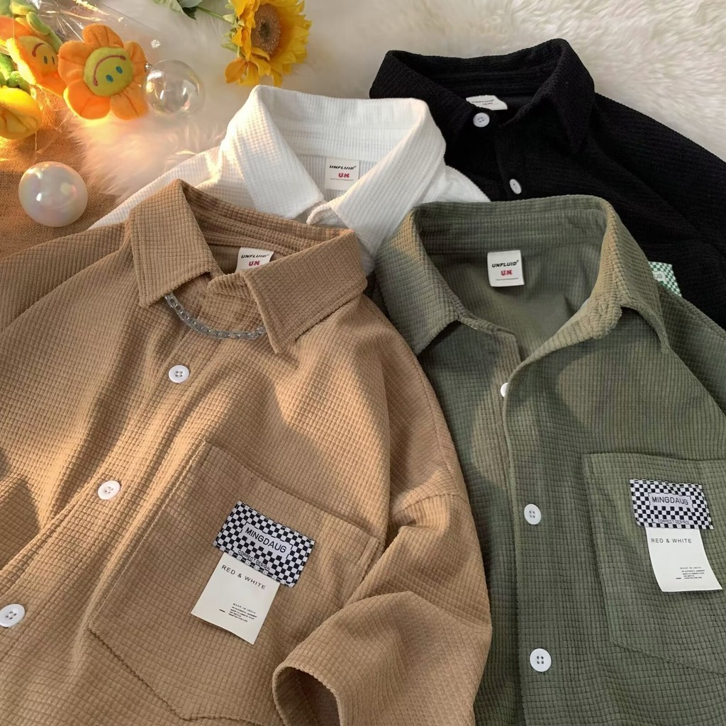 เสื้อวาฟเฟิลแขนสั้นผู้ชาย สไตล์ฮ่องกง ย้อนยุคอเมริกัน สำหรับฤดูร้อน