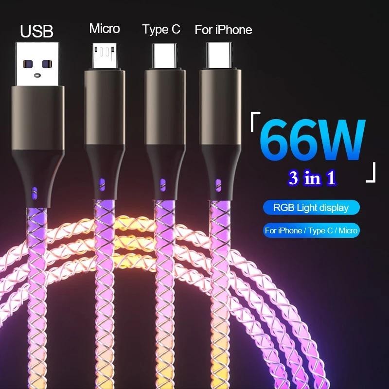 6a RGB Light ชาร์จเร็ว 66W USB Type C สายเคเบิล สําหรับ Xiaomi Redmi Samsung Huawei อุปกรณ์เสริมโทรศัพท์ สําหรับ iPhone รถ สายชาร์จ| |   - Aliexpress