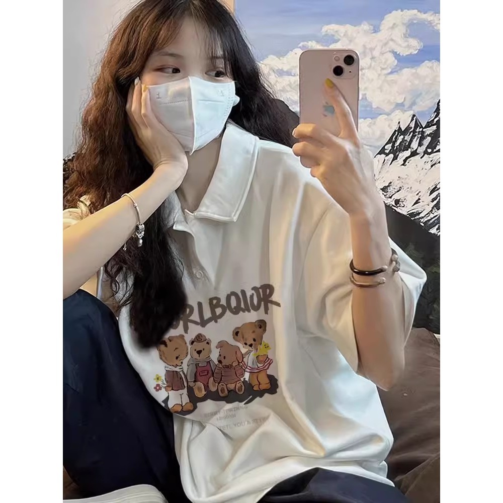 เสื้อโปโลแขนสั้น ผ้าฝ้าย 100% พิมพ์ลายการ์ตูนหมี ทรงหลวม โอเวอร์ไซซ์ 200 กรัม สําหรับผู้ชาย และผู้หญิง