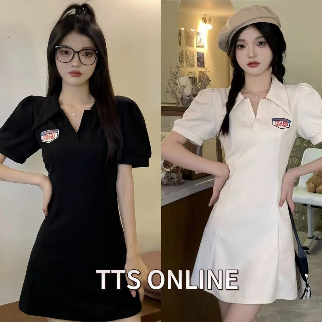TTS🌸ชุดเดรสแขนสั้นคอปกโปโล ใหม่ กระโปรงสั้นทรงเอ เอวบาง ของสาวฮอตสุดฮอต