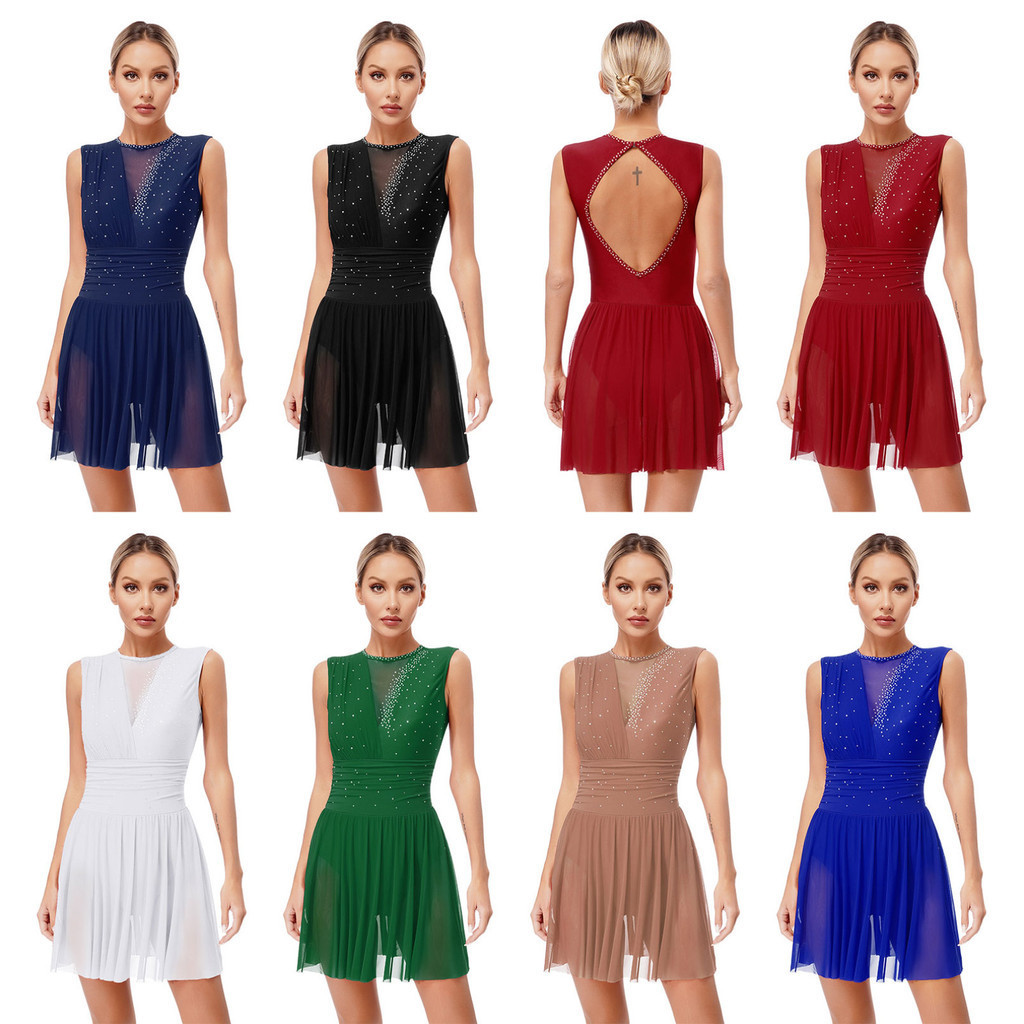 Yeahdor Womens Ice Skating Dress Ballet Rhinestones แขนกุดสเก็ตชุดเต้นรํา