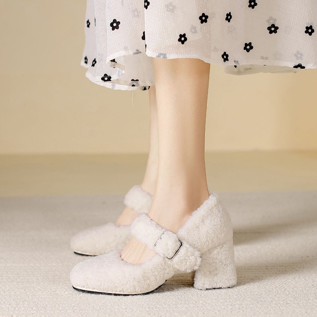 Mary Jane รองเท้า 2024 ฤดูใบไม้ร่วงฤดูหนาวรองเท้าส้นสูงสไตล์ Chanel Gentle One-Line Strap Teddy Furr