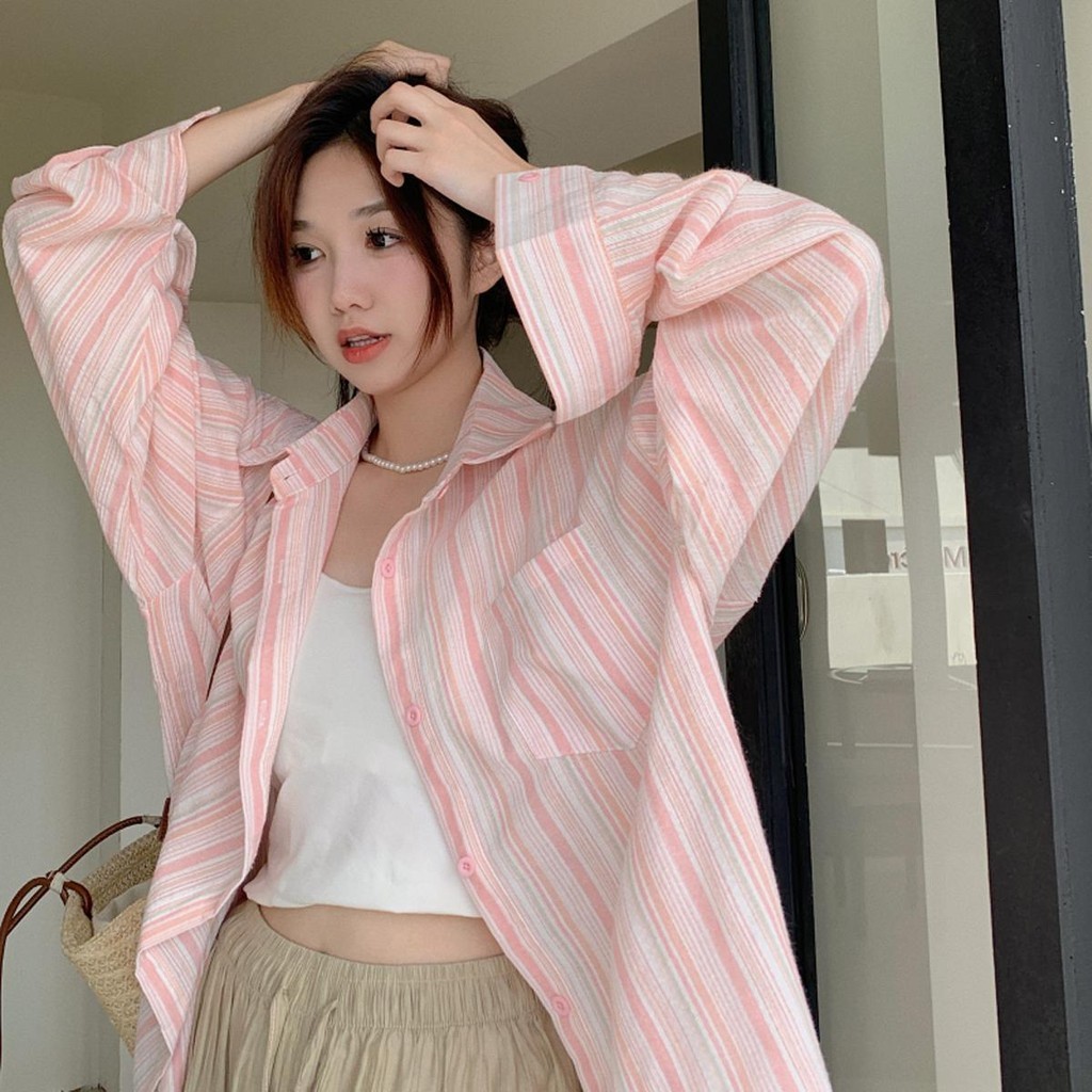 Lune_Grace W276#เสื้อเชิ้ตแขนยาว ลายทางทรงหลวม แฟชั่นเกาหลี สีสวยแมทช์ง่าย สไตล์แฟนหนุ่ม BF -พร้อมส่ง-