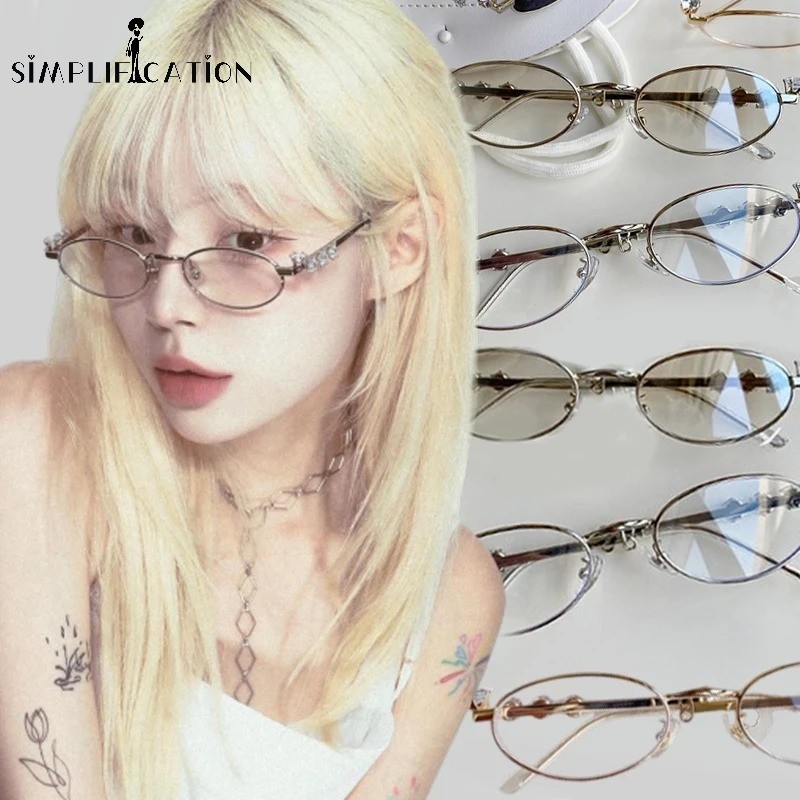 1 ชิ้น ที่เรียบง่าย โลหะ วงรี เฉดสี แว่นตาผู้หญิง ผู้ชาย วินเทจ เพชร กรอบเล็ก แว่นตาแฟชั่น แว่นตา