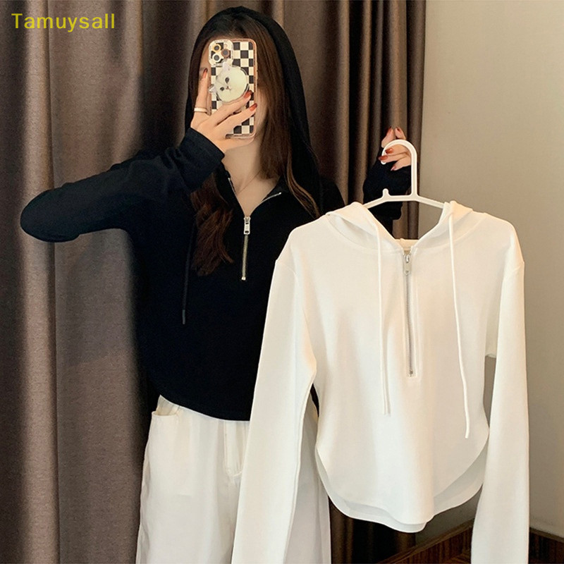 [TAMU] เสื้อครอปท็อปแขนยาว มีฮู้ด แต่งซิปครึ่ง สีพื้น แฟชั่นฤดูใบไม้ร่วง สําหรับผู้หญิง YSA