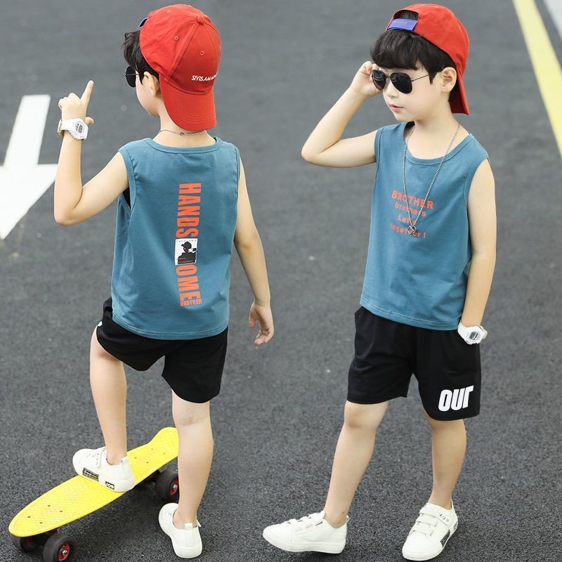 CK ชุดสูทเด็กผู้ชายช่วงฤดูร้อนหล่อและมีสไตล์เด็กเสื้อกล้ามเด็กขนาดกลางและใหญ่กางเกงขาสั้นแขนกุดเว