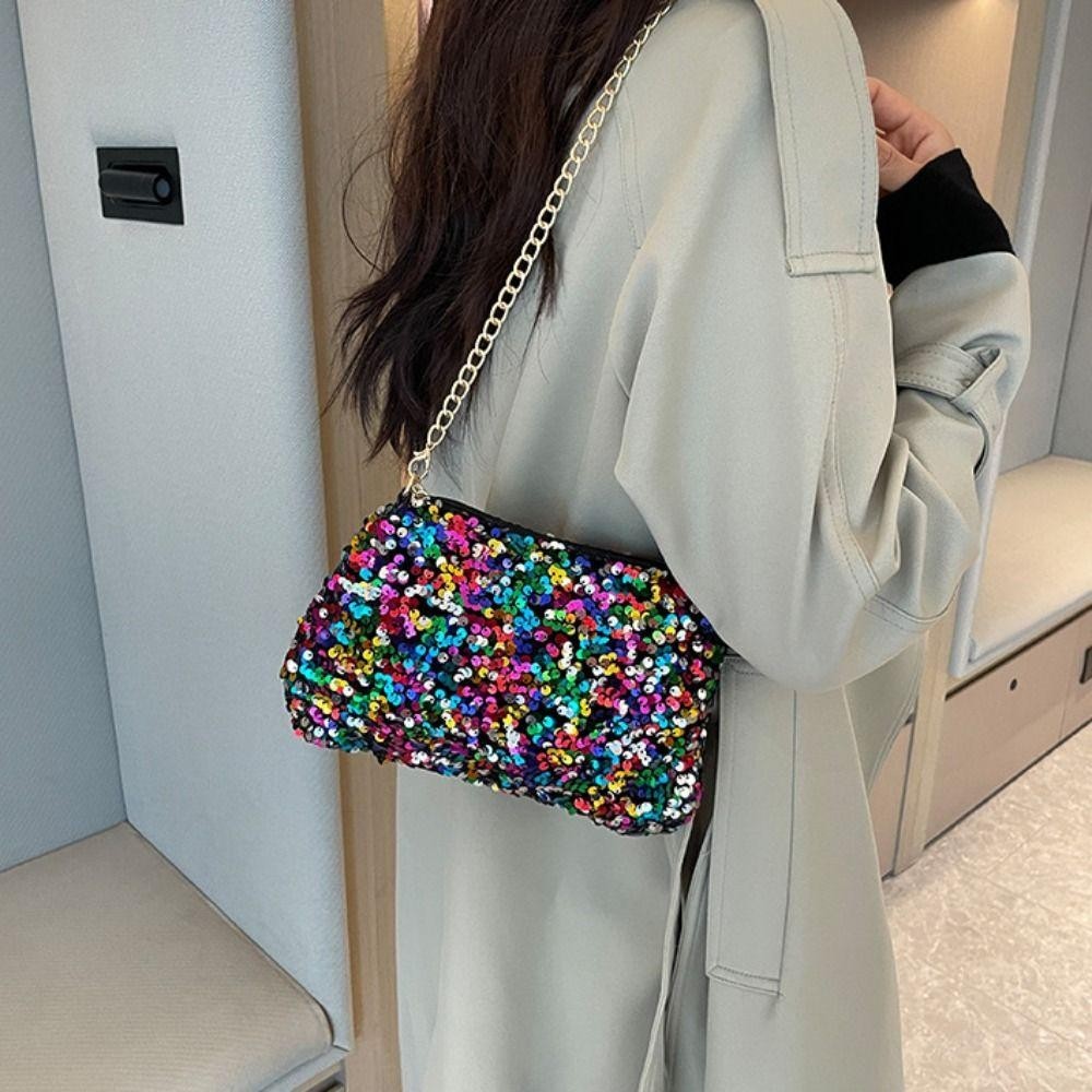 LUNASYNC Sequins Crossbody Bag สีเรียบ ประดับคริสตัล กระเป๋าข้างทันสมัยสำหรับสาวๆ