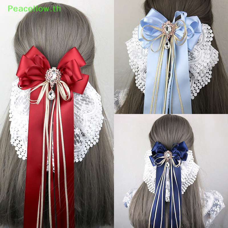 Peacellow ใหม่หวานขนาดใหญ่ Bowknot ปักลูกไม้ Lolita ยาวริบบิ้น Hairpin หางม้าผมวงอุปกรณ์เสริมผม TH