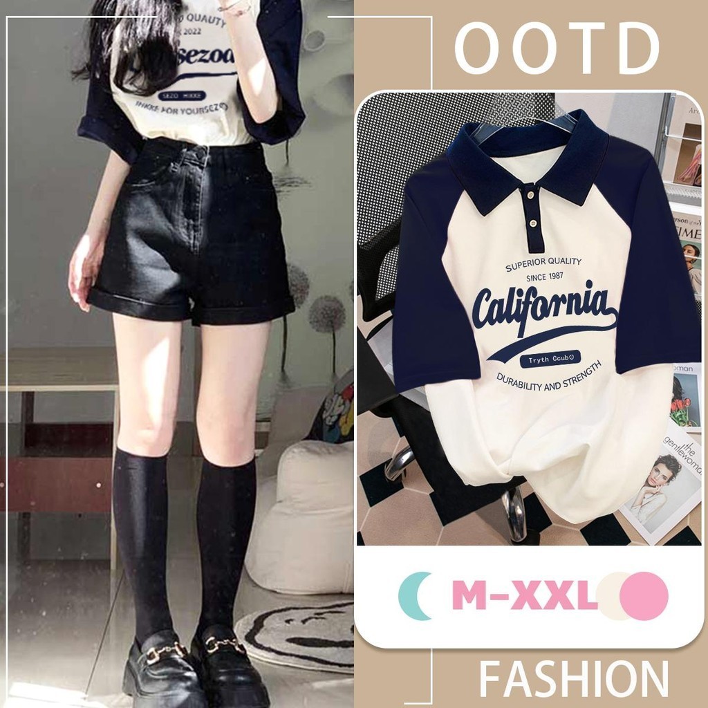 KOKO เสื้อโปโลผู้หญิง แฟชั่น เสื้อยืดคอปก โอเวอร์ไซส์ แขนสั้น คอวีพิมพ์ลายจดหมายสำหรับผู้หญิง Preppy style
