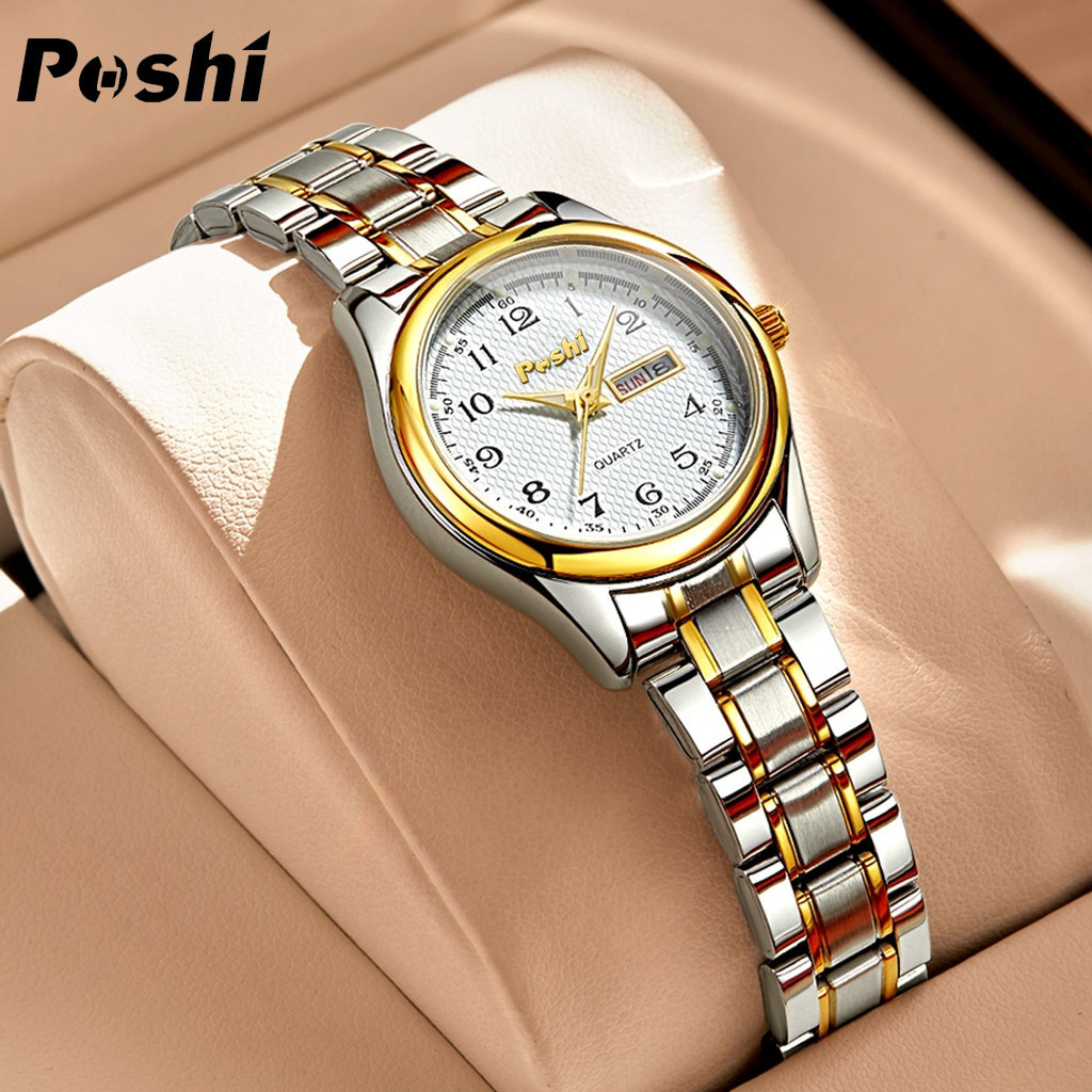 [พร้อมกล่อง] POSHI ผู้หญิงหรูหราอัตโนมัติปฏิทินคู่สแตนเลสแฟชั่นนาฬิกากันน้ําเวอร์ชั่นเกาหลี Elegant Golden Luminous สุภาพสตรีนาฬิกาข้อมือควอตซ์